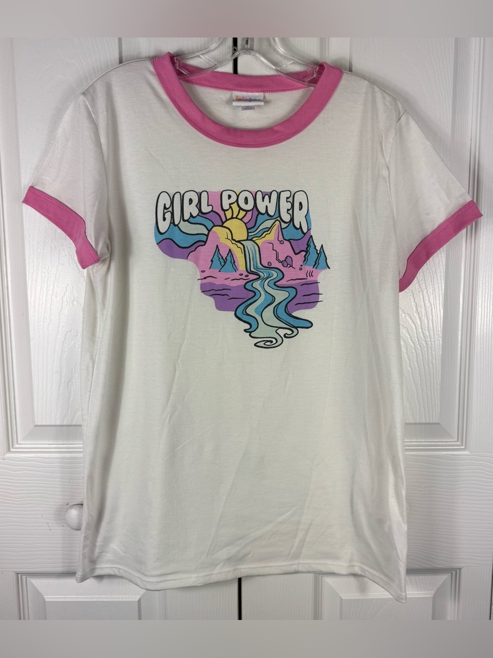 Lularoe Liv Tee T Shirt Girl Power Waterfall Graphic Pink White Medium